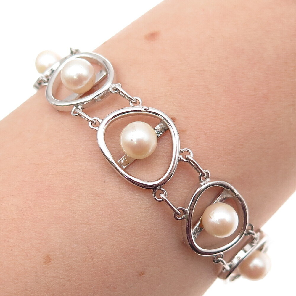 925 Sterling Silver Antique Japan Real Akoya Pearl Bracelet 6.5"